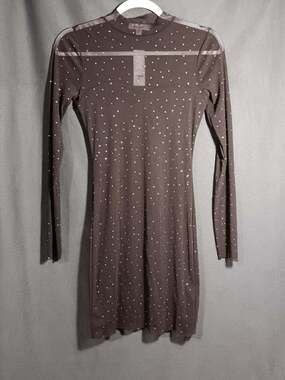 Francesca’s Maya Brown Sheer Mesh Rhinestone Mini Dress NWT Women’s Small